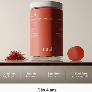 NAALI - Zen Gommes  Enfants au Safran - Goût Fraise X90- Réduit l'agitation et les petits déséquilibres émotionnels et  améliore la concentration.