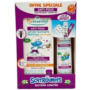 Coffret Puressentiel A-Poux Schtroumpfs anti-poux enfant avec lotion, shampooing et peigne, traitement complet des poux et lentes dès 3 ans.
