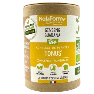 Flacon Nat&Form Tonus Ginseng Guarana Bio - 120 gélules végétales - complément alimentaire tonus - fabriqué en France
