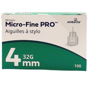EMBECTA - 100 Aiguilles à stylos Micro Fine Pro pour insuline 4 MM (32G)