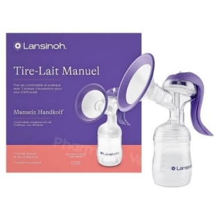 Tire-lait manuel Lansinoh avec poignée ergonomique et biberon de 160 ml, conçu pour l'expression confortable du lait maternel sans électricité.