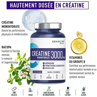 GRANIONS - Créatine Monohydrate 3000mg - Boostez vos performances physiques et mentales - 180 gélules