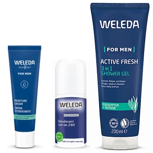 WELEDA Coffret de Noël Homme avec crème hydratante 30 ml, gel douche Active Fresh 3 en 1 200 ml et déodorant roll-on 24H 50 ml
