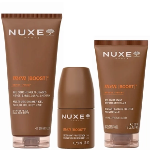 NUXE Men Boost Coffret de Noël homme avec gel douche multi-usages 200 ml, déodorant roll-on 24H 50 ml et gel hydratant défatiguant éclair 50 ml