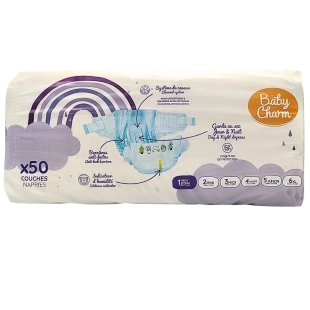 BABY CHARM - 50 Couches New Born 2-5 kg . Hypoallergénique, jusqu'à 12h de protection et avec un indicateur d'humidité.