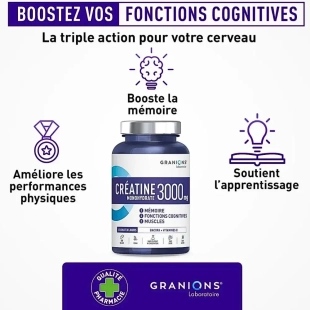 GRANIONS - Créatine Monohydrate 3000mg - Complément alimentaire qui aide à améliorer les capacités physiques, mémoire et concentration, Vitamines B - 180 gélules