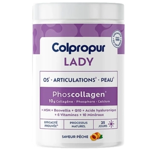 COLPROCUR - Lady Phoscollagen 340 g goût pêche. Complément nutritionnel pour accompagner les femmes pendant les changements hormonaux, notamment autour de la ménopause.