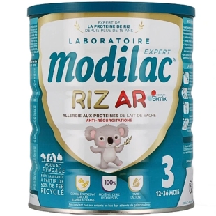 MODILAC - Riz AR 3è âge 12-36 mois. Lait infantile en poudre, Allergie aux Protéines de Lait de Vache et régurgitations - 800 gr