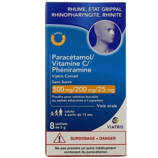 PARACETAMOL / VITAMINE C / PHENIRAMINE - Rhume, état grippal, rhinopharyngite, rhinite - Sans Sucre 8 Sachets (générique FERVEX) - Viatris
