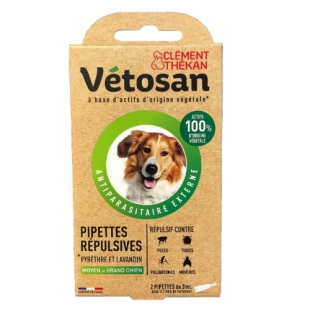 VETOSAN Pipettes anti puces anti tiques Chiens moyens et Grands  (2 pipettes) - actifs origine végét