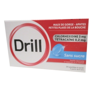 DRILL Pastilles Sans Sucre Maux de Gorge & Aphtes (24 pastilles) BLEU