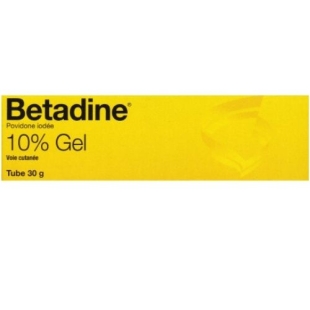 BETADINE 10% GEL tube de 30 grammes. Antisepsie des plaies ou brûlures superficielles et peu étendues. Traitement d'appoint des affections de la peau et des muqueuses primitivement bactériennes ou susceptibles de se surinfecter.
