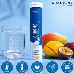 GRANIONS - Chrome Effervescent Goût Mangue Passion - Aide à maintenir la glycémie Avec zinc et vitamine C - 20 comprimés