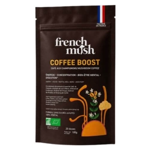 Boisson Boost Bio Café French Mush en poudre, alternative naturelle au café à base de champignons adaptogènes bio pour énergie et concentration.