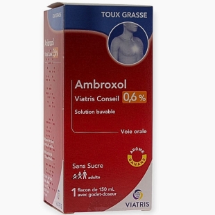 AMBROXOL 0,6% - Sirop Expectorant - Arôme Banane 150 ml - Viatris. Facilite l'évacuation par la toux des sécrétions bronchiques.