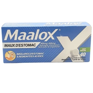 Maalox Maux d'Estomac - Brûlures d'estomac et remontées acides - 40 comprimés à croquer, goût menthe.