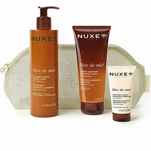 NUXE - Trousse Routine Corps Réconfortante Rêve de Miel - 3 Soins : gel lavant visage et corps, gommage corps et crème mains