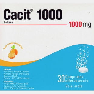 CACIT 1000 - Carences calciques, traitement d'appoint des ostéoporoses - 30 Comprimés Effervescents Goût Orange Mandarine - Theramex