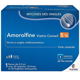 AMOROLFINE 5% - Vernis à ongles médicamenteux 2,5 ml - Traitement des mycoses des ongles chez l'adulte touchant au maximum 2 ongles - Viatris