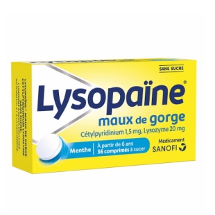 LYSOPAINE Maux de Gorge (36 comprimés à sucer) sans sucre Menthe
