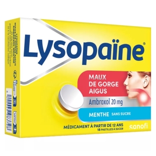 LYSOPAINE Maux de Gorge Aigus - Ambroxol 20mg - 18 pastilles à sucer Menthe