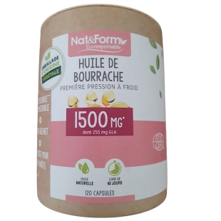 NAT & FORM - Huile de Bourrache - 120 capsules. Complément alimentaire à base d'huile de bourrache bio.