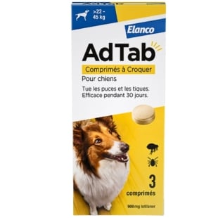 AdTab - Comprimés à Croquer Anti-Puces Anti-Tiques - Chien 22 à 45kg - 3 Comprimés