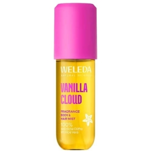 Brume parfumée Weleda Vanilla Cloud 95 ml pour corps et cheveux, aux notes gourmandes de vanille, sucre et caramel, apportant douceur, fraîcheur et parfum réconfortant.