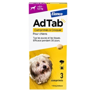 AdTab - Comprimés à Croquer Anti-Puces Anti-Tiques - Chien 2.5 à 5.5kg - 3 Comprimés