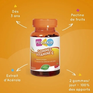 PEDIAKID - Gommes Vitamine C - Contribue à réduire la fatigue et soutient les défenses naturelles - 60 Oursons Arôme Cerise