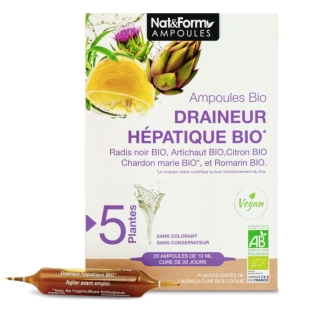 Nat & Form - Draineur Hépatique Bio -  Cure 20 jours - 20 Ampoules