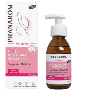 PRANAROM - Huile de Massage Vergetures Bio - 100 ml. Formulée pour accompagner la peau durant la grossesse,  nourrit intensément la peau et aide à préserver son élasticité.