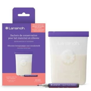Lot de 5 sachets de conservation du lait maternel en silicone Lansinoh 240 ml, réutilisables, étanches et gradués pour le stockage au réfrigérateur ou au congélateur.