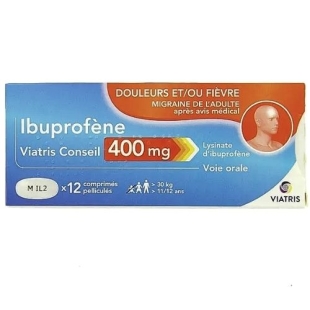 IBUPROFENE 400 mg - Douleurs et/ou fièvre (maux de tête ; états grippaux ; douleurs dentaires ;  courbatures ;  règles douloureuses). 12 comprimés - Viatris