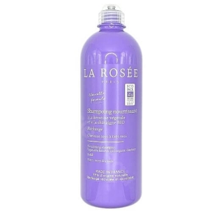 Shampoing nourrissant La Rosée 400 ml pour cheveux secs et abîmés, sans sulfate ni silicone, enrichi en kératine végétale pour nourrir et réparer la fibre capillaire.