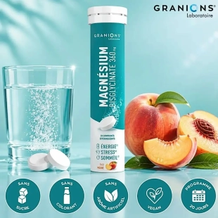 GRANIONS - Magnésium  Effervescent Goût Pêche - Énergie, sérénité, récupération - 20 comprimés