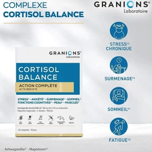 GRANIONS - Cortisol Balance - Complément alimentaie contre le stress chronique, surmenage, fatigue - 60 comprimés