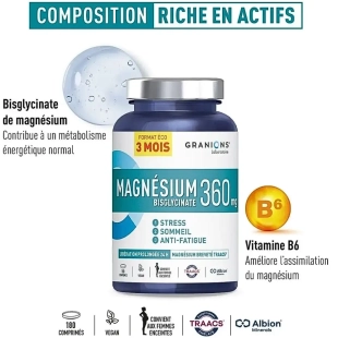 GRANIONS - Magnésium Bisglycinate 360mg - Complément alimentaire - 180 comprimés