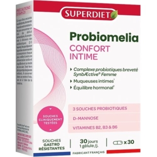 SUPERDIET - Probiomelia Confort Intime - Apaise votre inconfort intime et contribue à votre équilibre hormonal - 30 gélules