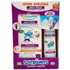 Coffret Puressentiel A-Poux Schtroumpfs anti-poux enfant avec lotion, shampooing et peigne, traitement complet des poux et lentes dès 3 ans.