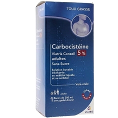 CARBOCISTEINE 5% - Sirop Adultes Sans Sucre Arôme Cerise 200 ml - Affection respiratoire récente avec difficulté d'expectoration - Viatris