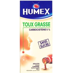 HUMEX 5 % Adultes Expectorant Sans Sucre sirop carbocistéine 250 ml pour toux grasse et encombrement bronchique.