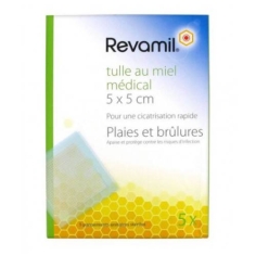 REVAMIL - Tulle au Miel Medical 5x5cm Plaies et Brûlures - 5 Pansements