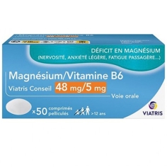 MAGNESIUM/VITAMINE B6 - 48mg/5mg Déficit en Magnésium (nervosité, fatigue passagère, anxiété légère...) 50 comprimés - Viatris