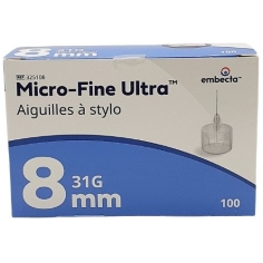 Administration  Produits  EMBECTA - 100 Aiguilles à stylos Micro Fine Ultra pour insuline 0.33mm x 8 MM (31G)