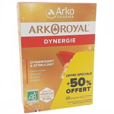 ARKOROYAL Dynergie BIO dynamisant stimulant 20 ampoules + 10 offertes Gelée Royale, Ginseng, Acérola et Propolis d'Arkopharma