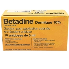 BETADINE Dermique 10% boite de 10 unidoses de 5 ml. Solution pour application cutanée.