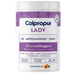 COLPROCUR - Lady Phoscollagen 340 g goût pêche. Complément nutritionnel pour accompagner les femmes pendant les changements hormonaux, notamment autour de la ménopause.