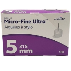 EMBECTA - 100 Aiguilles à stylos Micro Fine Ultra pour Insuline 0.33mm x 5 MM (31G)