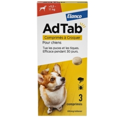 AdTab - Comprimés à Croquer Anti-Puces Anti-Tiques - Chien 5.5 à 11kg - 3 Comprimés